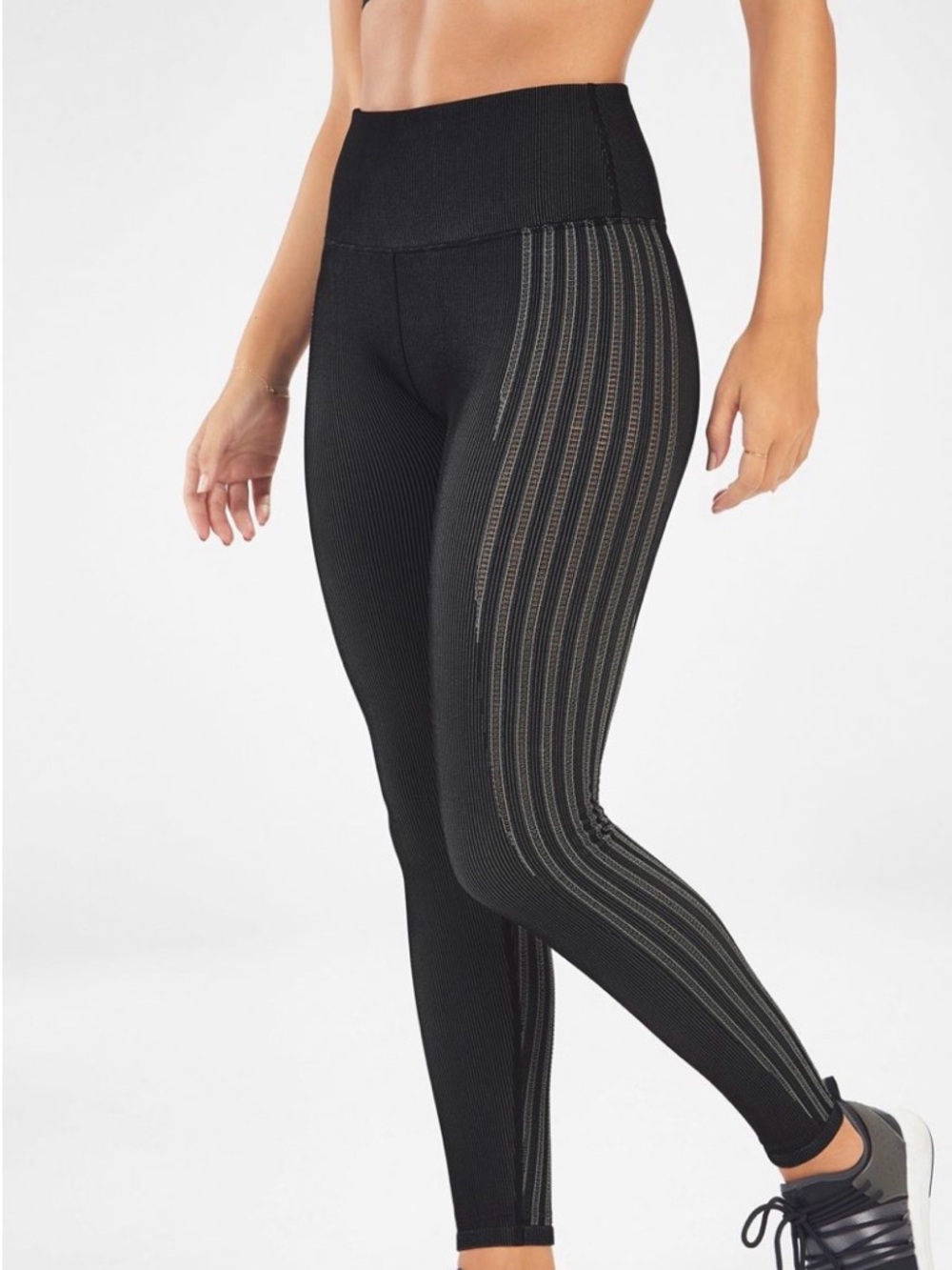 Fabletics Black High-Waist Ribbed Leggings with Sheer Side Stripes